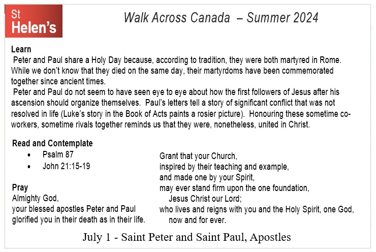 St Helen's Across Canada Postcard Prayers 02 Saint Peter and Saint Paul v01 St Helen's Virtual Walk Across Canada - Prayers - July 1