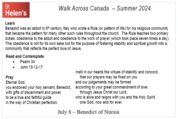 St Helen's Across Canada Postcard Prayers 03 Benedict in Nursia v01 St Helen's Virtual Walk Across Canada - Prayers - July 8