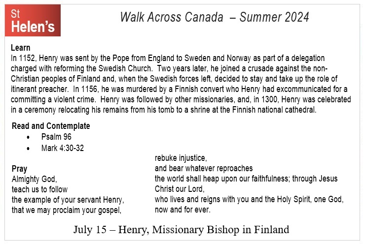 St Helen's Across Canada Postcard Prayers 04 Henry Missionary Bishop in Finland v01 St Helen's Virtual Walk Across Canada - Prayers - July 15