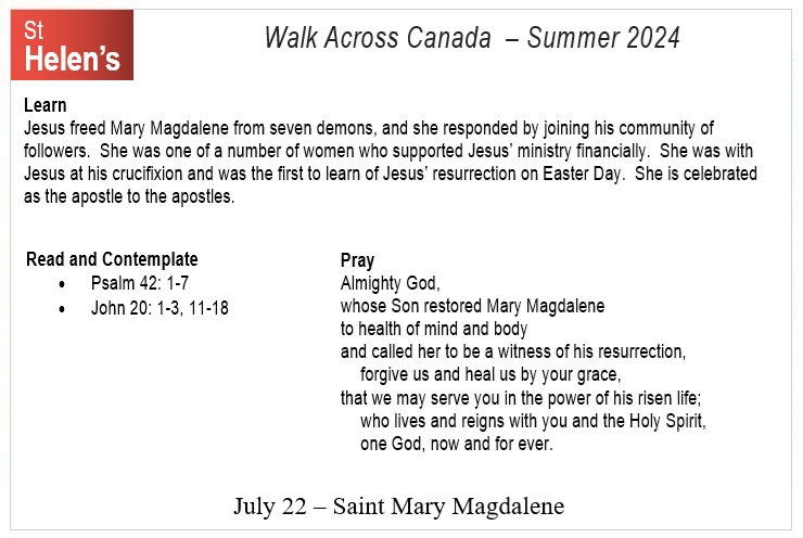 St Helen's Across Canada Postcard Prayers 05 Saint Mary Magdalene v01 St Helen's Virtual Walk Across Canada - Prayers - July 22