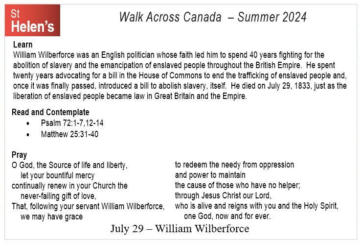 St Helen's Across Canada Postcard Prayers 06 William Wilberforce v01 St Helen's Virtual Walk Across Canada - Prayers - July 29