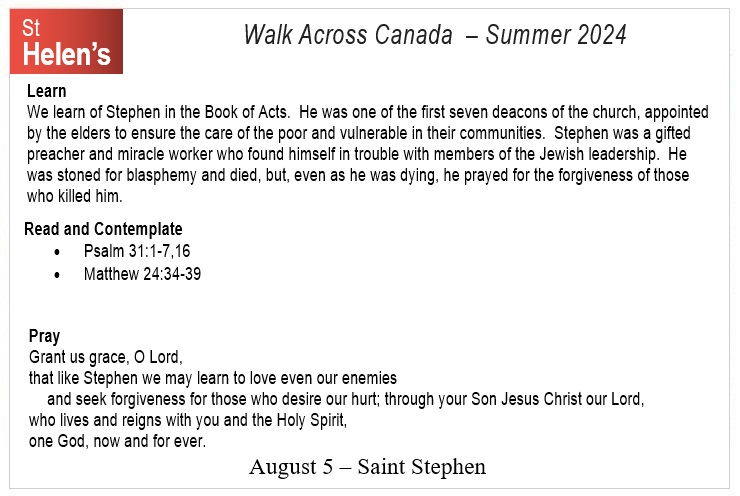 St Helen's Across Canada Postcard Prayers 07 Saint Stephen v01 St Helen's Virtual Walk Across Canada - Prayers - August 5