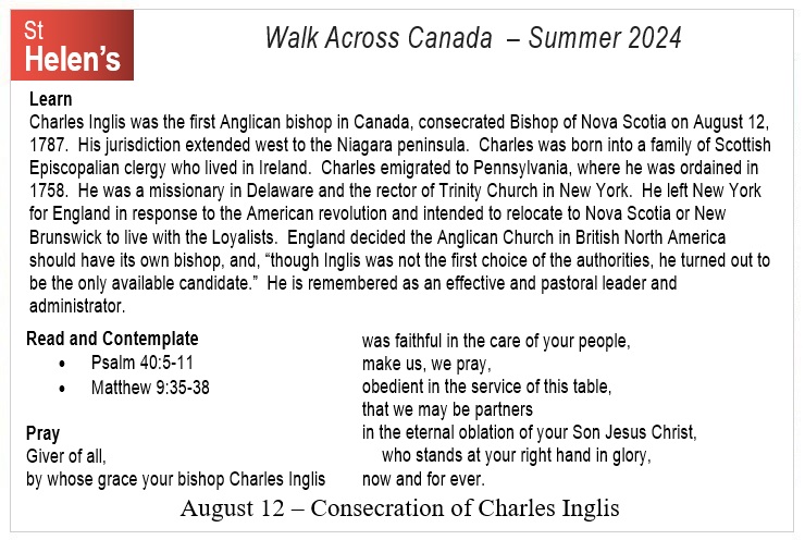 St Helen's Across Canada Postcard Prayers 08 Consecration of Charles Inglis v01 St Helen's Virtual Walk Across Canada - Prayers - August 12