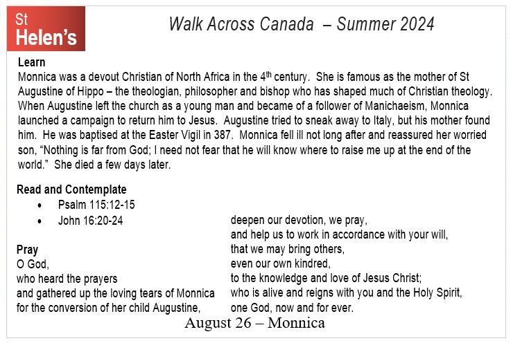 St Helen's Across Canada Postcard Prayers 10 Monnica v01 St Helen's Virtual Walk Across Canada - Prayers - August 26