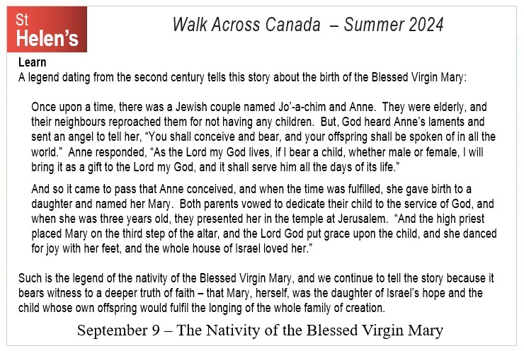 St Helen's Across Canada Postcard Prayers 12-1 The Nativity of the Blessed Virgin Mary v01 St Helen's Virtual Walk Across Canada - Prayers - September 9
